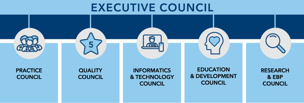 nursing-council-structure-landscape Executive Council: Practice, Quality, Informatics & Technology, Education & Development, Research & EBP